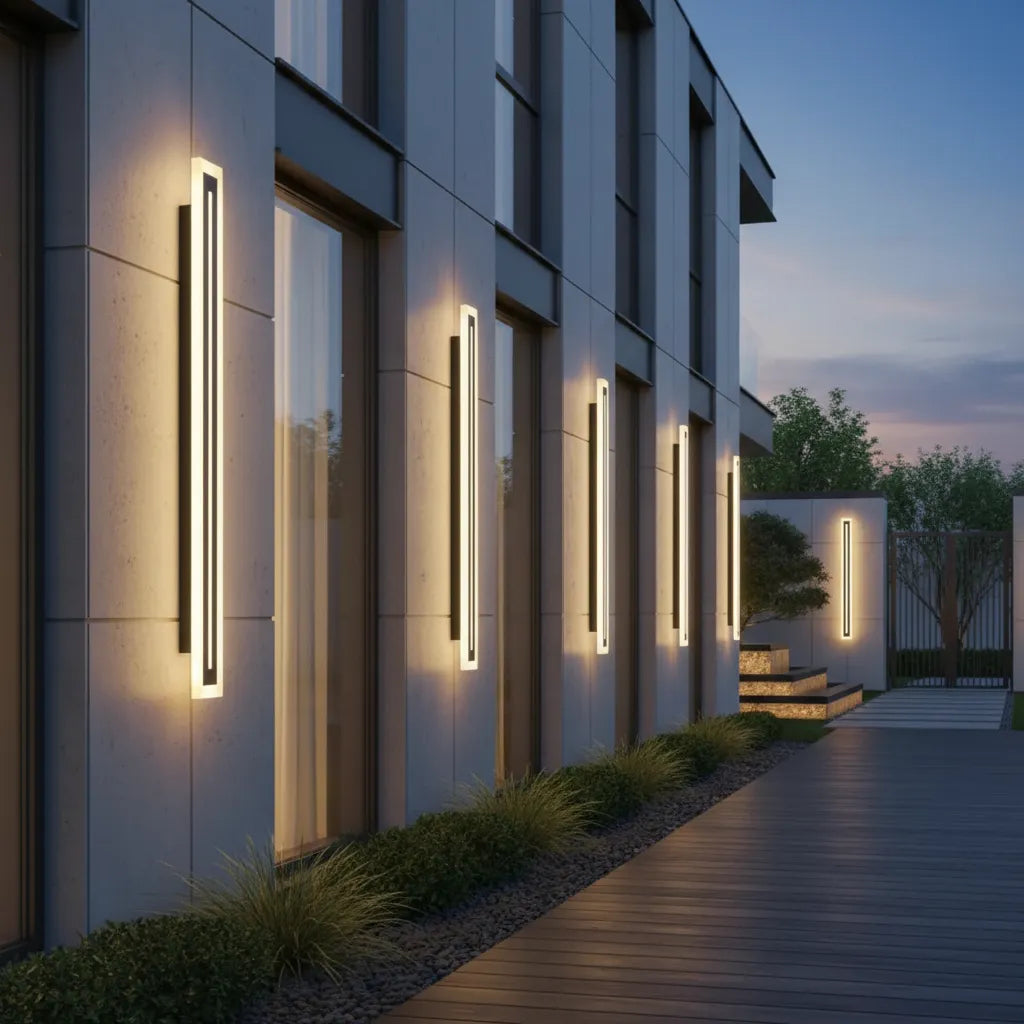 Modern building exterior with illuminated wall lights at dusk