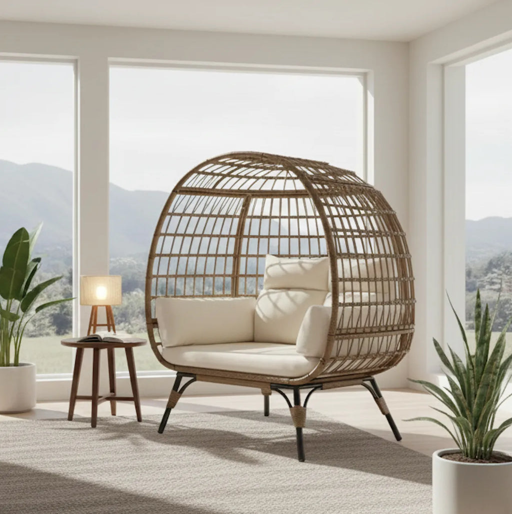 Wicker egg-shaped chair with white cushions in a bright room with large windows.
