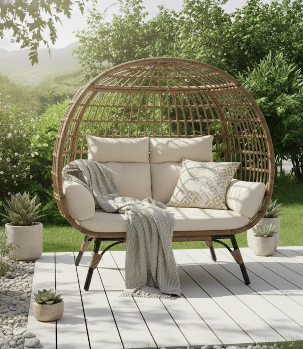 Wicker egg-shaped chair with cushions on a wooden deck in a garden setting