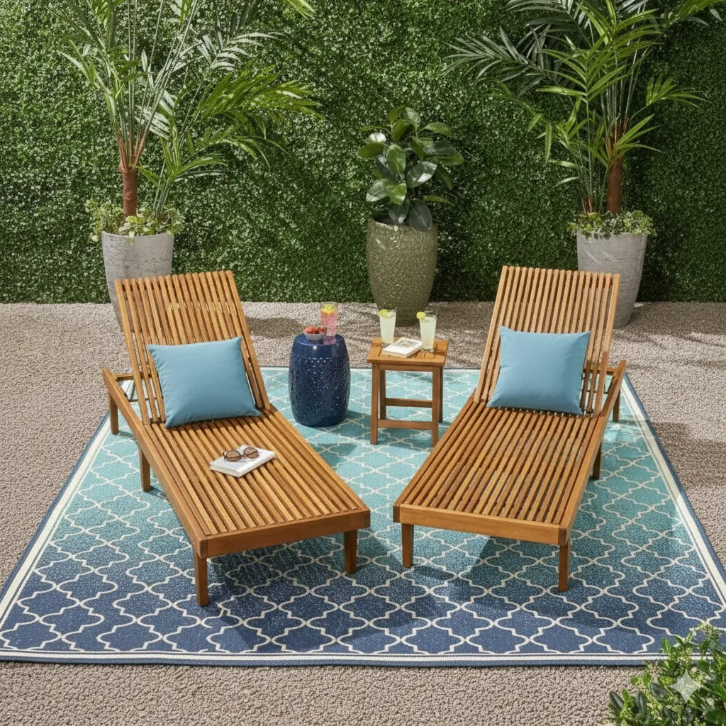 Two wooden lounge chairs with blue cushions on a patterned outdoor rug, surrounded by plants.