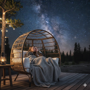 Two people sitting in a wicker egg chair under a starry night sky with the Milky Way.