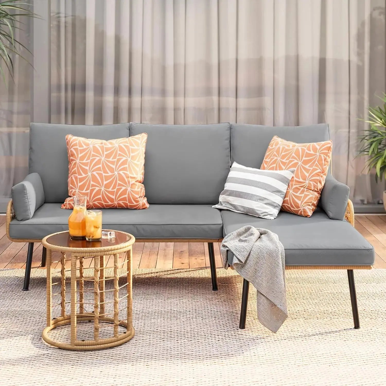 3-Piece Outdoor PE Wicker Sectional Sofa Set with Glass Coffee Table – Beige CoolNest