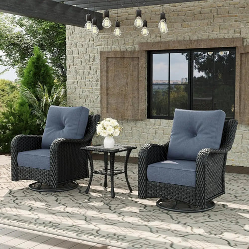 3-Piece Wicker Patio Furniture Set – Swivel Rocking Chairs with 6” Thick Cushions & Side Table CoolNest