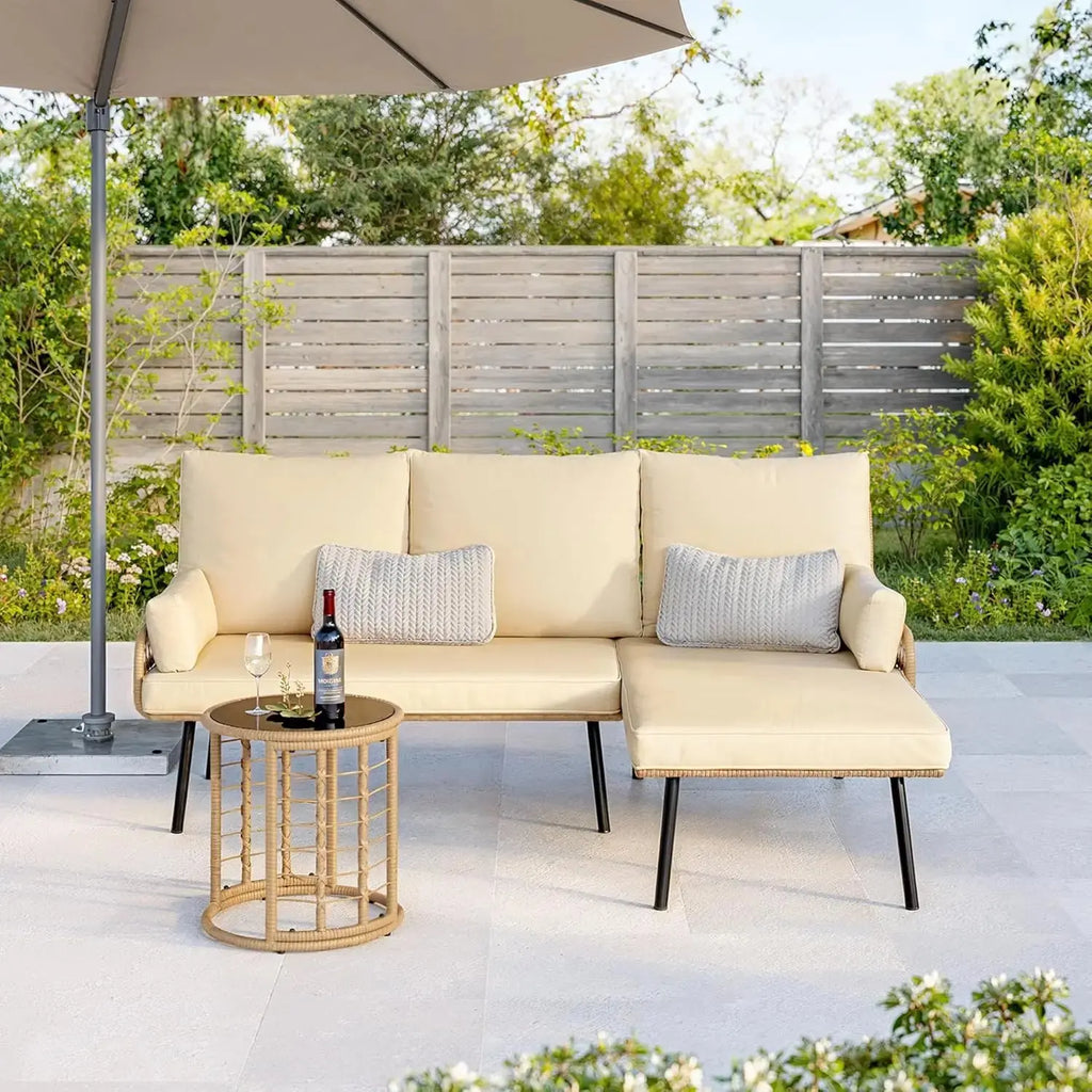 3-Piece Outdoor PE Wicker Sectional Sofa Set with Glass Coffee Table – Beige CoolNest
