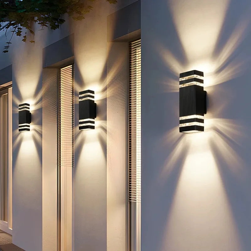 Modern outdoor wall lights on a building exterior