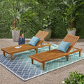Two wooden lounge chairs with blue cushions on a patterned outdoor rug, surrounded by plants.