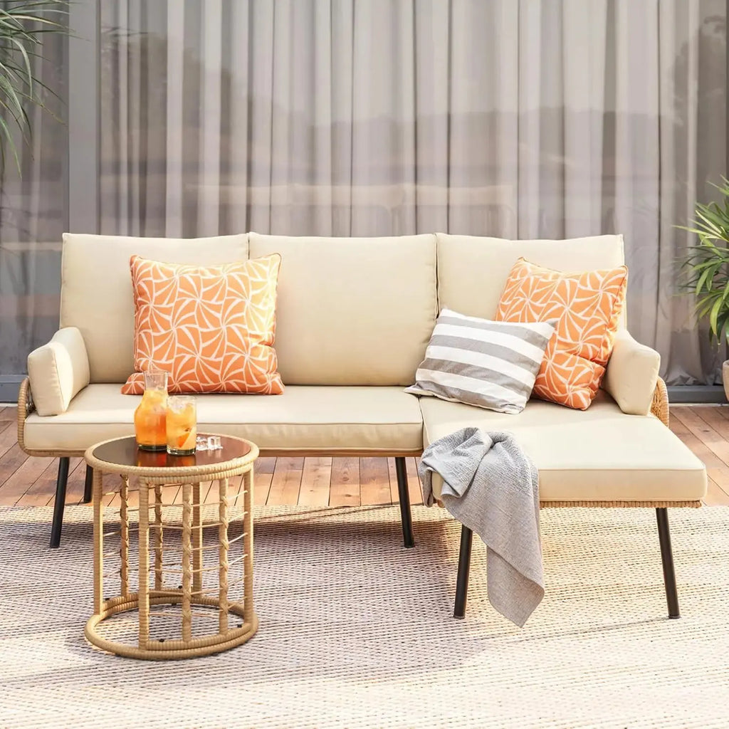 3-Piece Outdoor PE Wicker Sectional Sofa Set with Glass Coffee Table – Beige CoolNest