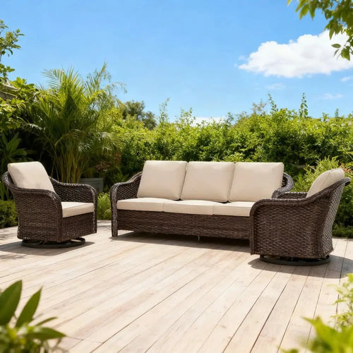 3-Piece Wicker Patio Sofa Set – All-Weather Rattan Conversation Set with 360° Swivel Chairs CoolNest