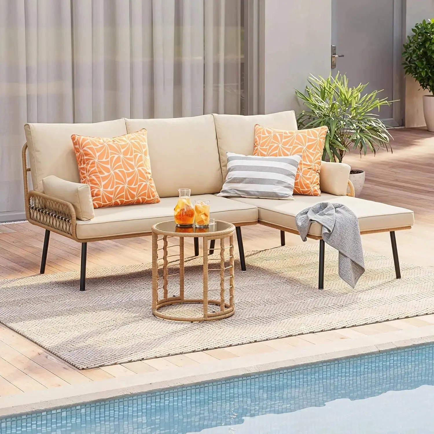 3-Piece Outdoor PE Wicker Sectional Sofa Set with Glass Coffee Table – Beige CoolNest