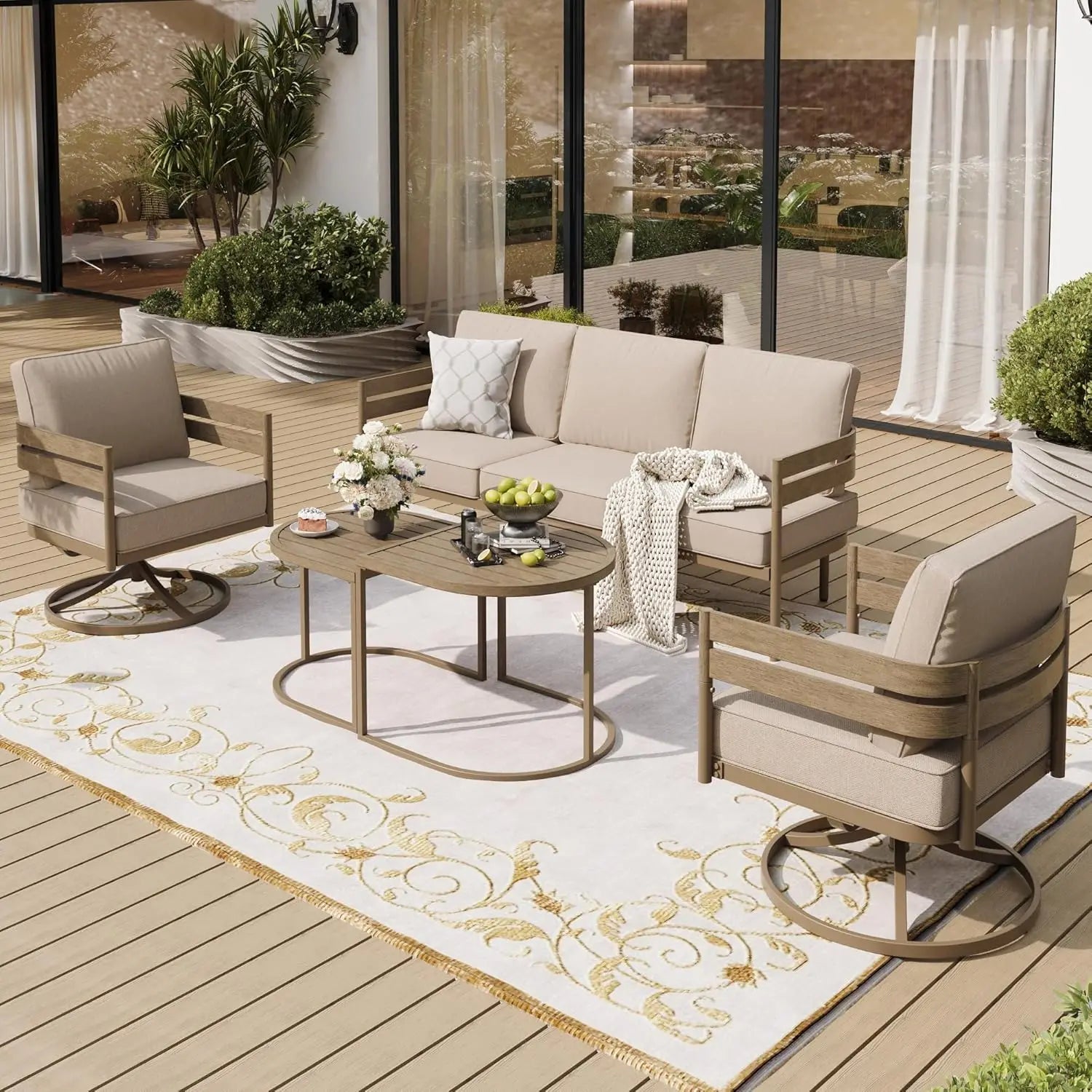 Outdoor patio set with furniture and decor on a wooden deck.