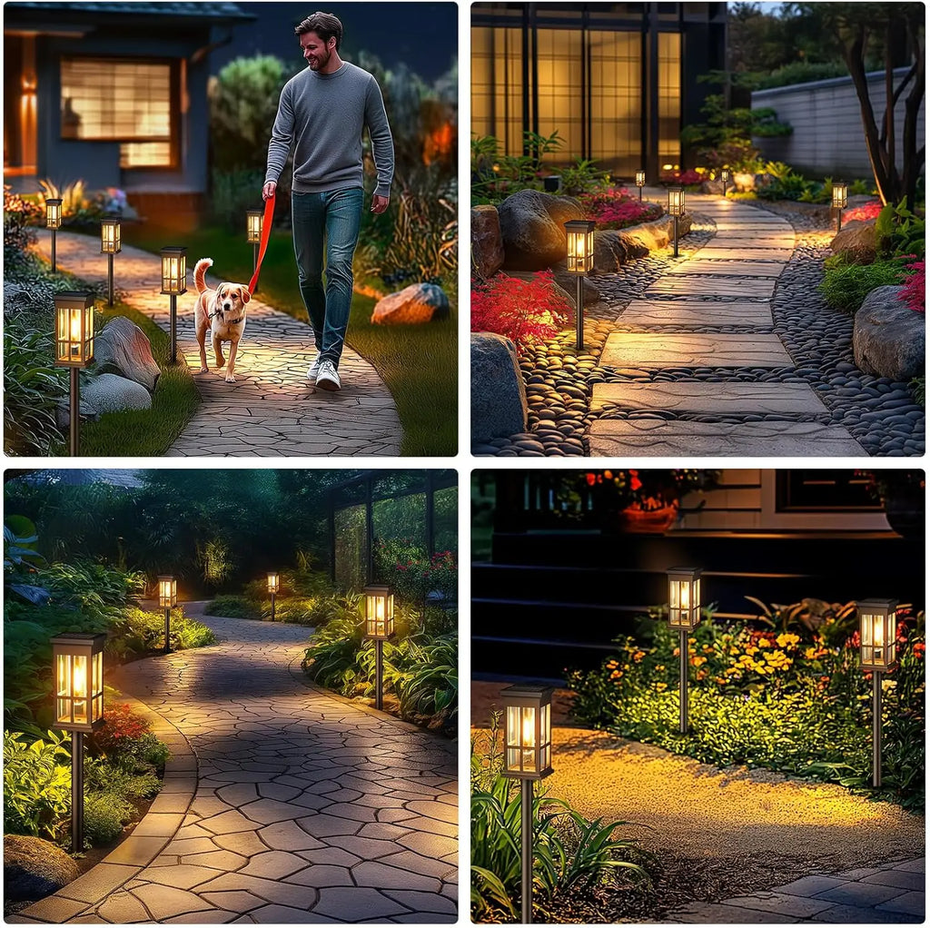 Collage of a man walking a dog on a garden path with decorative outdoor lights.