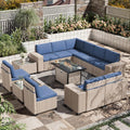 Outdoor patio furniture set with blue cushions on a patio with plants and flowers.